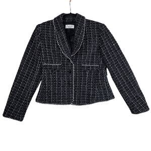 VTG Giancarlo Ferranti Jacket Womens 8 Black White Textured Tweed Trim Blazer